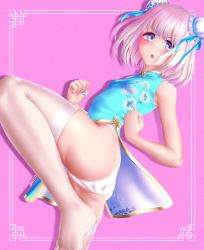 Rule 34 | 1girl, armpits, ass, bare arms, bare legs, blue dress, blue eyes, breasts, china dress, chinese clothes, dress, eyeliner, haest, hair bun, highres, idolmaster, idolmaster shiny colors, legs, makeup, medium breasts, nail polish, open mouth, panties, pelvic curtain, pink background, pink panties, serizawa asahi, short hair, side-tie dress, simple background, single hair bun, sleeveless, sleeveless dress, solo, thighhighs, underwear, white hair, white thighhighs
