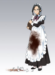 Rule 34 | 1girl, apron, black dress, black footwear, black hair, black sleeves, broken, broken cup, closed mouth, coffee, dress, embarrassed, glasses, gradient background, grey background, hat, holding, holding tray, long sleeves, maid, maid apron, maid headdress, medium hair, mob cap, original, pantyhose, shattered, solo, stained clothes, suzushiro (suzushiro333), sweatdrop, tray, v-shaped eyebrows, white hat, white pantyhose