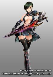 Rule 34 | 10s, 1girl, 2012, 2016, arm up, armor, armored boots, asymmetrical clothes, bare shoulders, black thighhighs, blue skirt, boots, bravely default: praying brage, bravely default (series), breasts, brown eyes, center opening, cleavage, copyright name, crossed legs, eyepatch, full body, gauntlets, gem, glowing, green hair, grey background, grey footwear, holding, holding sword, holding weapon, ikuyoan, knee boots, large breasts, looking at viewer, orb, pointy ears, red gemstone, revealing clothes, short hair, shoulder pads, simple background, skirt, smile, solo, square enix, standing, swept bangs, sword, thighhighs, thighs, unsheathed, watson cross, weapon, zettai ryouiki
