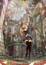 Rule 34 | 1girl, apocalypse, arm up, billboard, black thighhighs, bob cut, building, city, cloud, cloudy sky, crowbar, day, highres, holding, holding crowbar, nababa, open mouth, original, red hair, ribbon, ruins, short hair, skirt, sky, solo, thighhighs, traffic light, vest, weapon, zettai ryouiki