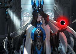Rule 34 | 1girl, black dress, black gloves, blue eyes, checkered floor, crown, dress, fate/grand order, fate (series), gloves, glowing, glowing eye, highres, holding, holding staff, long hair, looking at viewer, magic, morgan le fay (fate), morgan le fay (queen of winter) (fate), official alternate costume, shaded face, solo, staff, upper body, veil, wide sleeves, yukichi (mainitiiitenkidana07)