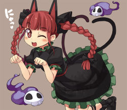Rule 34 | 1girl, ;d, animal ears, blush, braid, cat ears, cat girl, cat tail, chacha (tyatya), dress, extra ears, fang, female focus, heart, heart tail, kaenbyou rin, long hair, looking at viewer, multiple tails, nyan, one eye closed, open mouth, paw pose, red eyes, red hair, simple background, skull, smile, solo, tail, touhou, twin braids, twintails, wink