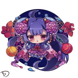 Rule 34 | 1girl, :&lt;, absurdly long hair, aerial fireworks, ahoge, animal, bad id, bad pixiv id, barefoot, blue dress, blue hair, blush, chibi, commentary request, dress, fireworks, fish, floral print, flower, goldfish, hair flower, hair ornament, holding, long hair, long sleeves, looking at viewer, muuran, night, night sky, noa (shironeko project), parted lips, purple eyes, purple flower, shironeko project, signature, simple background, sky, solo, star (sky), starry sky, triangle mouth, very long hair, water drop, water yoyo, white background, wide sleeves