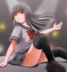 Rule 34 | 1girl, arm support, black hair, black thighhighs, blunt bangs, bow, closed mouth, collarbone, exhibitionism, female focus, grey skirt, loafers, long hair, looking at viewer, bowtie, no panties, original, pleated skirt, public indecency, red bow, sailor collar, school uniform, serafuku, shoes, skirt, solo, takapi (chimee house), thighhighs, thighs