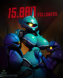 Rule 34 | 3girls, android, antenna mast, armor, bald, bald girl, black skin, blue skin, blush, breasts, colored skin, commentary, decals, english commentary, english text, gouf, green skin, gundam, highres, horns, huge breasts, humanization, humanoid robot, joints, looking at viewer, metal skin, milestone celebration, mobile suit gundam, multicolored skin, multiple girls, narrow waist, one-eyed, pauldrons, psyk323, robot, robot joints, shoulder armor, shoulder spikes, single horn, single pauldron, spikes, thighs, two-tone skin, yuri, zaku