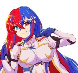 Rule 34 | 1girl, alear (female) (fire emblem), alear (fire emblem), armor, blue eyes, blue gloves, blue hair, bow, breasts, commentary, crossed bangs, english commentary, female focus, fire emblem, fire emblem engage, frostfiresoul, gloves, heterochromia, highres, long hair, looking at viewer, matching hair/eyes, medium breasts, multicolored hair, nintendo, red eyes, red hair, simple background, smile, solo, two-tone hair, very long hair, white background