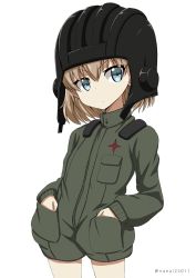 Rule 34 | 10s, 1girl, black hat, blonde hair, blue eyes, closed mouth, commentary, emblem, frown, girls und panzer, green jumpsuit, hands in pockets, hat, helmet, jumpsuit, katyusha (girls und panzer), long sleeves, military, military uniform, one-hour drawing challenge, pravda military uniform, shibagami, short hair, short jumpsuit, simple background, solo, tank helmet, twitter username, uniform, v-shaped eyebrows, white background