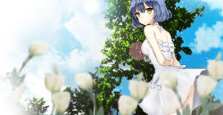 Rule 34 | 1girl, arm behind back, ass, back, bad id, bad pixiv id, blue hair, cloud, day, dress, flower, highres, looking at viewer, original, primcoco, sky, solo, sundress, tree, wind, wind lift, yellow eyes