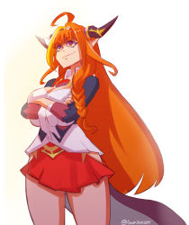 Rule 34 | 1girl, blouse, braid, breasts, cleavage, cleavage cutout, clothing cutout, commentary, cosmikaizer, crossed arms, dragon horns, dragon tail, english commentary, gradient eyes, hair behind ear, highres, hololive, horns, kiryu coco, kiryu coco (1st costume), large breasts, long hair, multicolored eyes, orange eyes, orange hair, pointy ears, purple hair, red skirt, shirt, skirt, smirk, solo, tail, twitter username, very long hair, virtual youtuber, white shirt