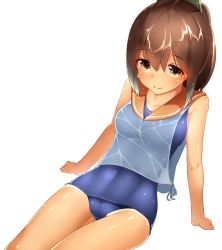 Rule 34 | 10s, 1girl, boruhis, brown eyes, brown hair, i-401 (kancolle), kantai collection, looking at viewer, ponytail, sailor collar, school swimsuit, see-through, short ponytail, simple background, sitting, smile, solo, swimsuit, swimsuit under clothes, tan, tanline, wet, wet clothes, white background