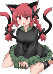 Rule 34 | 1girl, :d, animal ear fluff, animal ears, black bow, black tail, bow, braid, breasts, cat ears, chups, dress, fang, frilled dress, frills, hair bow, highres, kaenbyou rin, large breasts, long sleeves, nail polish, nekomata, open mouth, red eyes, red hair, red nails, sitting, smile, solo, tail, touhou, twin braids, v arms, wariza, white background