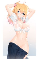 Rule 34 | 1girl, absurdres, ahoge, areola slip, arms behind head, arms up, bare hips, blonde hair, blue eyes, blue skirt, breasts, bridal gauntlets, clothes pull, collarbone, cowboy shot, front-tie top, gradient background, gradient hair, groin, highres, large breasts, long hair, looking at viewer, multicolored hair, navel, no panties, open clothes, open fly, open skirt, original, parted lips, pink hair, pleated skirt, ponytail, short sleeves, sidelocks, skirt, skirt pull, smile, solo, stomach, sweat, wing collar, z.taiga