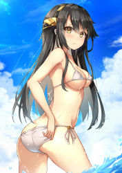 Rule 34 | 10s, 1girl, absurdres, alternate costume, armpits, ass, bare arms, bare shoulders, bikini, black hair, blue sky, blush, breasts, brown eyes, butt crack, closed mouth, cloud, collarbone, day, dripping, covered erect nipples, frown, haruna (kancolle), headgear, highres, kantai collection, lens flare, looking at viewer, looking back, medium breasts, ocean, outdoors, ribbon, rin yuu, side-tie bikini bottom, sideboob, sky, solo, standing, swimsuit, underboob, wading, water, wavy mouth, wet, wet hair, white bikini, white ribbon