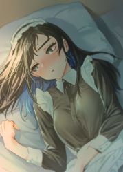 Rule 34 | 1girl, bed sheet, black hair, blue eyes, blue hair, blush, earrings, goshiki suzu, half-closed eyes, highres, jewelry, long hair, lying, maid, maid headdress, multicolored hair, on back, on bed, original, parted lips, pillow, solo, two-tone hair