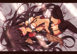 Rule 34 | 1girl, animal ears, bad id, bad pixiv id, bdsm, bed, black hair, black thighhighs, blouse, blush, bondage, bound, bra, breasts, brown hair, chain, cuffs, garter belt, garter straps, handcuffs, letterboxed, light rays, lingerie, long hair, looking at viewer, lying, medium breasts, midriff, navel, on back, open clothes, open shirt, panties, pink eyes, purple eyes, revision, shackles, shirt, shugami, solo, sunbeam, sunlight, tail, tears, thighhighs, underboob, underwear