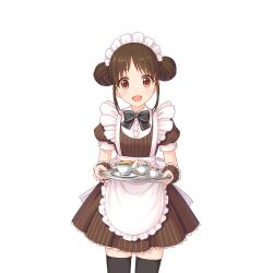 Rule 34 | apron, black bow, black bowtie, black thighhighs, bow, bowtie, brown eyes, brown hair, coffee, coffee cup, cup, disposable cup, holding, holding tray, maid, maid apron, maid headdress, official art, princess connect!, suzume (princess connect!), suzume (real) (princess connect!), tachi-e, thighhighs, transparent background, tray