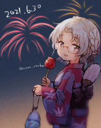Rule 34 | 1girl, bag, bagged fish, braid, brown eyes, candy apple, checkered clothes, checkered kimono, commentary request, cowboy shot, dated, fireworks, fish, food, glasses, goldfish, grey hair, hand fan, hirato (kancolle), japanese clothes, kantai collection, kimono, looking at viewer, night, official alternate costume, paper fan, short hair, solo, twitter username, uchiwa, wavy hair, wss (nicoseiga19993411), yukata