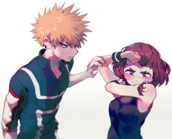 Rule 34 | 10s, 1boy, 1girl, arms up, bakugou katsuki, bandaid, bandaid on face, black eyes, blonde hair, blush, boku no hero academia, breasts, brown eyes, brown hair, chromatic aberration, cleavage, closed mouth, covering face, crying, crying with eyes open, furrowed brow, injury, looking at another, looking down, profile, shade, short hair, sidelocks, simple background, sleeveless, smile, spiked hair, sweatdrop, tank top, tears, upper body, uraraka ochako, vivinos, wavy mouth, white background, wristband