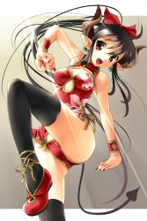 Rule 34 | 1girl, black hair, black thighhighs, breasts, brown eyes, china dress, chinese clothes, demon girl, demon tail, dress, earrings, female focus, fighting stance, gradient background, horns, jewelry, katahira masashi, legs, original, panties, pointy ears, shoes, solo, tail, thighhighs, underwear, wrist cuffs