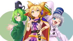Rule 34 | 3girls, ;d, absurdres, belt, blonde hair, blue eyes, bracelet, cape, collared shirt, dress, earmuffs, frilled sleeves, frills, green dress, green eyes, green hair, hair between eyes, hand on own hip, hat, highres, japanese clothes, jewelry, kariginu, kusamochi, layered clothes, layered sleeves, looking at viewer, medium hair, mononobe no futo, multicolored background, multiple girls, neck ribbon, ofuda, ofuda on clothes, one eye closed, open mouth, own hands together, pointy hair, pom pom (clothes), pout, ribbon, shirt, simple background, smile, soga no tojiko, tate eboshi, touhou, toyosatomimi no miko, waving, yellow eyes
