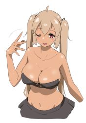 Rule 34 | 1girl, ahoge, bare shoulders, black ribbon, black skirt, breasts, collarbone, commentary, dark-skinned female, dark skin, hair ribbon, hand up, kantai collection, large breasts, light brown hair, long hair, looking at viewer, murasame (kancolle), navel, one eye closed, open mouth, red eyes, ribbon, simple background, skindentation, skirt, smile, solo, tamu (mad works), twintails, white background