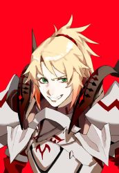 Rule 34 | 1girl, armor, blonde hair, chinese commentary, fate/grand order, fate (series), green eyes, grin, hair ornament, hair scrunchie, mordred (fate), mordred (fate/apocrypha), multicolored hair, orange hair, pale skin, ponytail, red scrunchie, scrunchie, smile, solo, teeth, two-tone hair, whaaa000