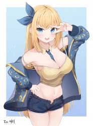 Rule 34 | 1girl, :d, absurdres, arm up, armpits, bad id, bad pixiv id, bare shoulders, between breasts, blonde hair, blue eyes, blue jacket, blue shorts, breasts, camisole, cleavage, commission, cowboy shot, crop top, detached collar, hair ribbon, hand on own hip, highres, jacket, large breasts, long hair, long sleeves, looking at viewer, midriff, navel, necktie, necktie between breasts, nonddu, off shoulder, open clothes, open fly, open jacket, open mouth, original, ribbon, shirt, short shorts, shorts, sleeveless, sleeveless shirt, smile, solo, spaghetti strap, standing, stomach, strap slip, thighs, v, very long hair, yellow shirt