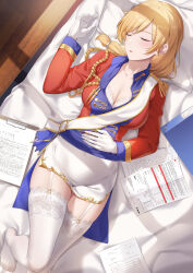 Rule 34 | 1girl, bed sheet, blonde hair, blue jacket, bra, breasts, cartonbox (zhixiang zhi), chinese commentary, cleavage, closed eyes, commentary request, dated commentary, facing to the side, foot out of frame, garter straps, gold trim, highres, indoors, jacket, large breasts, long hair, long sleeves, lying, multicolored clothes, multicolored jacket, no shoes, on back, paper, parted lips, pillow, red jacket, rodney (warship girls r), sash, skirt, sleeping, solo, swept bangs, thighhighs, two-tone jacket, underwear, warship girls r, white bra, white skirt, white thighhighs