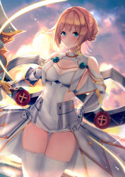 Rule 34 | 1girl, absurdres, armor, azur lane, backlighting, bare shoulders, blonde hair, blue eyes, blue ribbon, blush, breasts, cannon, cleavage, covered navel, dress, faulds, gauntlets, gold trim, hair between eyes, hair ribbon, hand on own hip, highres, holding, holding sword, holding weapon, jeanne d&#039;arc (azur lane), liya, long skirt, looking at viewer, medium breasts, rapier, ribbon, short hair, showgirl skirt, skindentation, skirt, solo, standing, sword, thighhighs, upper body, weapon, white dress, white thighhighs, zettai ryouiki