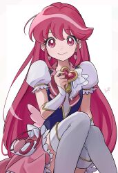 Rule 34 | 1girl, absurdres, aino megumi, alternate hairstyle, boots, brooch, cure lovely, earrings, hair ornament, happinesscharge precure!, heart, heart brooch, heart hair ornament, highres, jewelry, long hair, looking at viewer, magical girl, pink eyes, pink hair, pink skirt, precure, shipu (gassyumaron), sitting, skirt, smile, solo, thighhighs, white background, wrist cuffs
