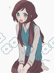 Rule 34 | 1girl, ?, blue eyes, blush stickers, brown hair, collared shirt, long hair, long sleeves, looking at viewer, maco22, open mouth, original, seiza, shirt, sitting, smile, socks, solo, sweat, sweater vest