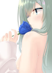 Rule 34 | 1girl, aqua eyes, aqua hair, armpit crease, blue flower, blue rose, breasts, close-up, commentary, eyelashes, fingernails, flower, from side, hair between eyes, hair over shoulder, hand up, highres, hirocchi, holding, holding flower, large breasts, light blush, lips, long hair, long sleeves, looking afar, nose, parted lips, profile, riddle joker, rose, shikibe mayu, shiny skin, sideboob, simple background, single bare shoulder, sleeves past wrists, solo, white background