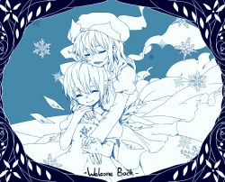 Rule 34 | 2girls, blue theme, blush, border, bow, cirno, closed eyes, dress, english text, hair bow, hair ribbon, harrymiao, hat, height difference, highres, hug, hug from behind, ice, ice wings, letty whiterock, long hair, multiple girls, necktie, open mouth, ribbon, scarf, short hair, simple background, smile, snowflakes, touhou, wings