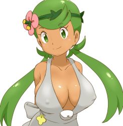 Rule 34 | 1girl, alternate breast size, breasts, cleavage, covered erect nipples, creatures (company), dark-skinned female, dark skin, flower, game freak, green eyes, green hair, green headband, green ribbon, grey overalls, headband, large breasts, long hair, looking at viewer, mallow (pokemon), nintendo, no bra, overalls, pink flower, pokemon, pokemon sm, ribbon, simple background, solo, swept bangs, tof, twintails, white background
