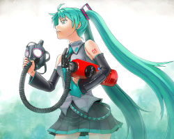 Rule 34 | 1girl, aqua eyes, aqua hair, bare shoulders, detached sleeves, fire extinguisher, fire hydrant, gas mask, hair ornament, hatsune miku, highres, holding, itou (onsoku tassha), long hair, mask, unworn mask, nail polish, necktie, pleated skirt, simple background, skirt, solo, strap, tattoo, tube, twintails, very long hair, vocaloid