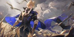 Rule 34 | 1boy, animal ears, arknights, bird, black jacket, black pants, black scarf, blonde hair, blue cape, blurry, blurry foreground, cape, chinese commentary, cloud, commentary request, cowboy shot, crow, gauntlets, grey sky, highres, horse boy, horse ears, jacket, long hair, looking to the side, male focus, mlynar (arknights), mlynar (wdali) (arknights), official alternate costume, outdoors, pants, popped collar, procreate (medium), scarf, shirt, sky, sleeves rolled up, solo, wheat field, white shirt, xianyu guguzi