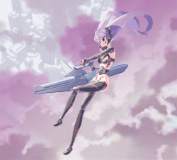 Rule 34 | 1girl, bad id, bad pixiv id, cloud, doll joints, gun, huge weapon, joints, long hair, mecha musume, midair, original, purple hair, revealing clothes, rifle, solo, tensugi takashi, thighhighs, twintails, wallpaper, weapon