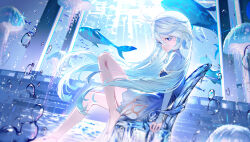 1girl absurdres ahoge blue_dress blue_eyes blue_hair blue_pupils chair dress drop-shaped_pupils foot_up from_side furina_(genshin_impact) genshin_impact gold_trim gradient_clothes gradient_dress hair_between_eyes heterochromia highres kkopoli light_blue_hair light_smile long_hair long_sleeves looking_at_viewer looking_to_the_side sitting solo sunlight symbol-shaped_pupils very_long_hair water whale white_hair