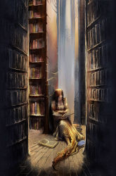 Rule 34 | 1girl, bare shoulders, book, breath, breathing2004, brown hair, dress, library, open book, reading, realistic, sitting