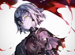 Rule 34 | 1girl, breasts, chain, dadijiji, fate/grand order, fate (series), hair between eyes, headpiece, highres, jeanne d&#039;arc (fate), jeanne d&#039;arc alter (avenger) (fate), jeanne d&#039;arc alter (fate), looking at viewer, open mouth, short hair, silver hair, simple background, smile, solo, teeth, upper body, white background, yellow eyes
