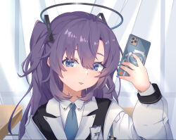 Rule 34 | 1girl, 8 nana usagi, blue archive, blue eyes, blue necktie, cellphone, collared shirt, formal, hair between eyes, halo, highres, holding, holding phone, id card, jacket, long hair, long sleeves, looking at viewer, mechanical halo, necktie, phone, purple hair, shirt, smartphone, solo, suit, tongue, tongue out, two side up, upper body, white jacket, white shirt, yuuka (blue archive)