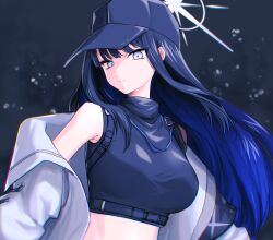 Rule 34 | 1girl, bare shoulders, baseball cap, blue archive, blue eyes, blue hair, blue hat, breasts, coat, commentary request, crop top, hat, highres, large breasts, long hair, midriff, off shoulder, open clothes, open coat, saori (blue archive), shirt, sleeveless, sleeveless shirt, solo, upper body, very long hair, white coat, zuoye
