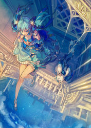 Rule 34 | 1girl, ahoge, arm at side, bare shoulders, blue bow, blue dress, blue eyes, blue footwear, blue gloves, blue hair, bow, building, column, commentary request, creature, detached sleeves, dress, fingerless gloves, floating hair, frilled dress, frilled sleeves, frills, from above, gloves, hair bow, hair ornament, hairclip, hatsune miku, highres, holding, holding wand, hunxiao xingshuang, knee up, long hair, looking away, night, night sky, pillar, rabbit yukine, scenery, sideways glance, sitting, sky, slippers, smile, solo, star (sky), star (symbol), thighlet, twintails, vocaloid, wand, window, yuki miku, yuki miku (2017)