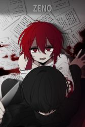 Rule 34 | black sweater, blood, braid, clothing cutout, empty eyes, hand on another&#039;s face, holding, holding knife, knife, maeno aki, papers, red hair, sweater, tsugino haru, ze no crime, zeno