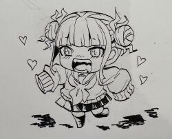 Rule 34 | 1girl, blunt bangs, boku no hero academia, chibi, commentary request, double bun, gale kawaii, hair bun, heart, highres, marker (medium), open mouth, pleated skirt, school uniform, serafuku, sketch, skirt, sleeves past fingers, sleeves past wrists, solo, sweater, toga himiko, traditional media