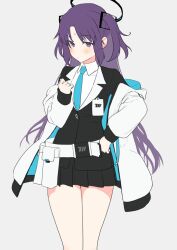 Rule 34 | 1girl, akinashi yuu, aqua necktie, black jacket, black skirt, blue archive, blush, closed mouth, coat, grey background, hair ornament, halo, id card, jacket, long hair, long sleeves, looking at viewer, miniskirt, necktie, open clothes, open coat, pleated skirt, purple eyes, purple hair, simple background, skirt, solo, sweat, twitter, two side up, white coat, yuuka (blue archive)