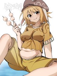 Rule 34 | 1girl, animal ears, arm support, belly, blonde hair, breasts, brown hat, cabbie hat, closed mouth, dango, floppy ears, food, hat, highres, holding, holding food, large breasts, looking at viewer, navel, plump, rabbit ears, ringo (touhou), shinmon akika, shirt, short hair, short sleeves, sitting, smile, solo, touhou, wagashi, white background, yellow eyes, yellow shirt
