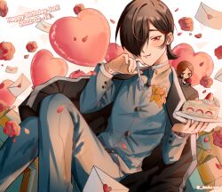 Rule 34 | 2boys, balloon, bishounen, black hair, black jacket, blush, bouquet, box, brown hair, cake, commentary, dated, english commentary, falling petals, flower, food, food on face, fork, gakuran, gift, gift box, hair over one eye, half-closed eyes, happy birthday, heart balloon, highres, holding, holding fork, holding plate, jacket, jacket on shoulders, kasugayama high school uniform, kurosu jun, letter, looking at viewer, love letter, male focus, multiple boys, persona, persona 2, persona 2 tsumi, petals, plate, red flower, red rose, risuko.exe (artist), rose, school uniform, seven sisters high school uniform, short hair, simple background, smile, strawberry shortcake, suou tatsuya, white background
