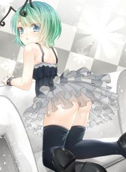 Rule 34 | 1girl, alternate costume, antennae, aqua hair, ass, bare shoulders, black thighhighs, blue eyes, checkered background, couch, dress, female focus, frilled dress, frills, from behind, gathers, gradient hair, green hair, highres, kneeling, legs, looking at viewer, looking back, md5 mismatch, mikoma sanagi, multicolored hair, shoes, short hair, solo, thighhighs, touhou, wriggle nightbug