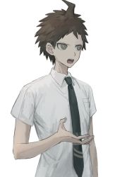 Rule 34 | 1boy, ahoge, arm at side, bad id, bad twitter id, breast pocket, brown eyes, brown hair, collared shirt, danganronpa (series), danganronpa 2: goodbye despair, facing to the side, hand up, hinata hajime, iumi urura, looking at viewer, male focus, necktie, open mouth, pocket, shirt, short sleeves, simple background, solo, teeth, upper body, upper teeth only, white background, white shirt